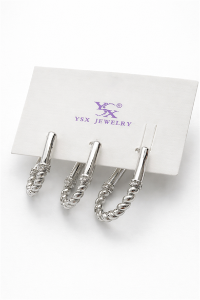 Gümüş Renk Burgu Detaylı 3lü YSX Küpe Set