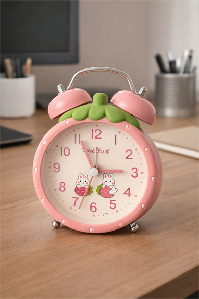 Pembe Renk Mini Dekoratif Işıklı Alarmlı Yuvarlak Masa Saati