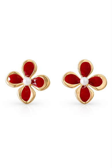 Altın Ve Kırmızı Renk Çiçek Figürlü Küpe (Çift)