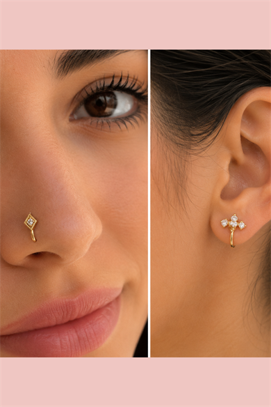 Altın Renk Karışık Figürlü Deliksiz Kulak/Burun 3lü Piercing Set