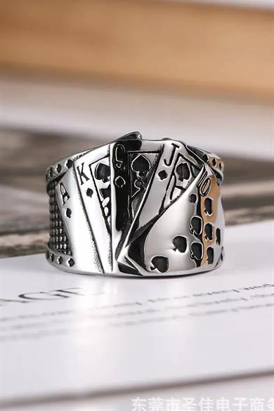 Gümüş Renk İskambil Kartı Figürlü Ayarlanabilir Çelik Erkek Yüzük