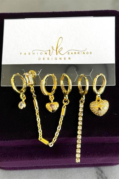 6lı Altın Renk Taş Detaylı Küpe Set