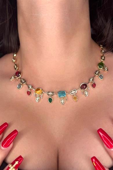 Altın Renk Renkli Taş Detaylı 14K Altın Kaplama VİP Kolye