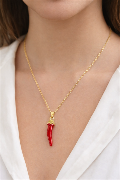 Altın Renk Biber Figürlü Çelik Şans Kolyesi