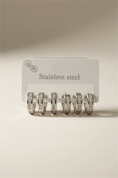 6lı Gümüş Renk Taş Detaylı Çelik Küpe Set