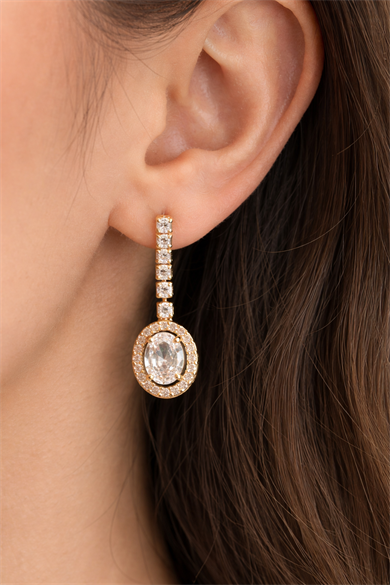 Altın Renk Taş Detaylı Çelik Küpe (Çift)