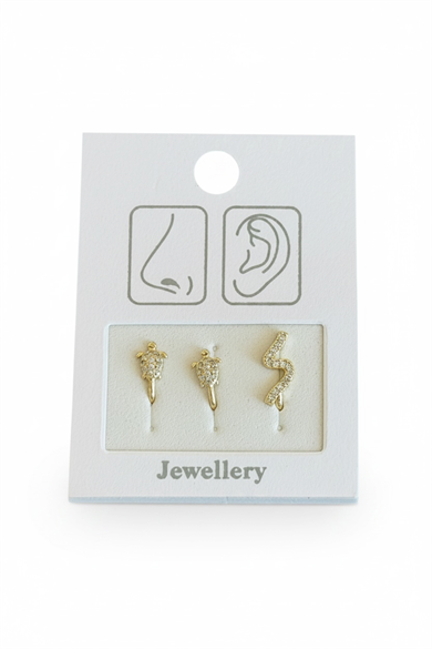 Altın Renk  Karışık Figürlü Deliksiz Kulak/Burun 3lü Piercing Set