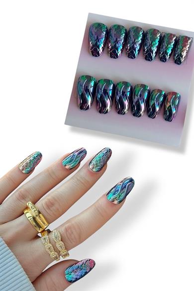 12li Mor Renk Karışık Figürlü Jel Görünümlü Takma Tırnak Set (Yapıştırıcılı)