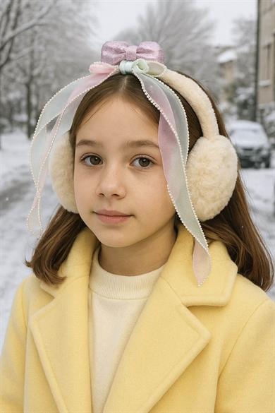 Krem Renk Kurdele Figürlü Peluş Kulaklık