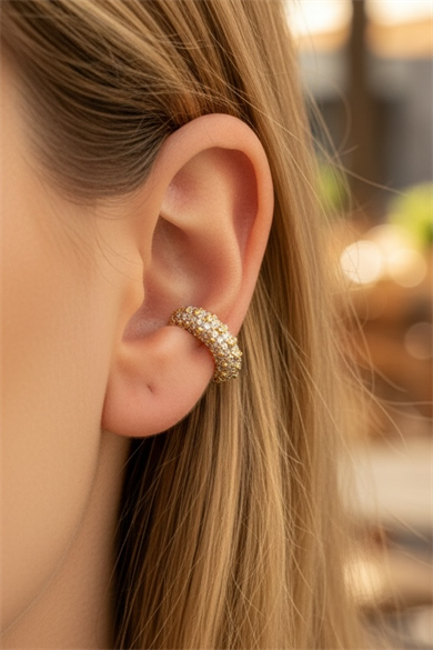Altın Renk Taş Detaylı 14K Altın Kaplama TX Ear Cuff (Tek)
