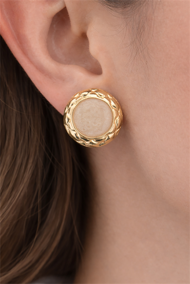 Altın Renk Krem Taş Detaylı Küpe (Çift)