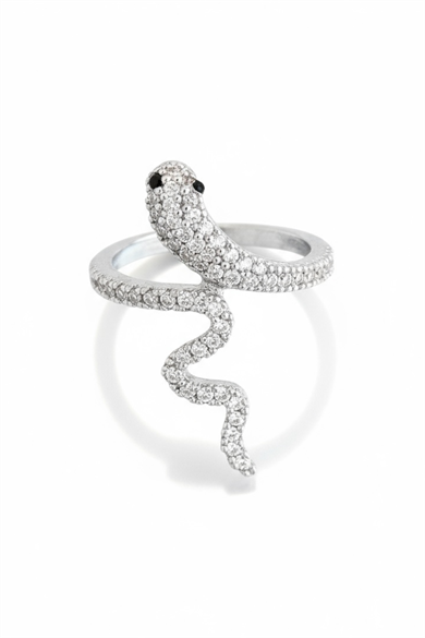 Gümüş Renk Yılan Figürlü Taş Detaylı Ayarlanabilir Yüzük