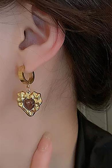 Altın Renk Kalp Detaylı Çelik Küpe (Çift)