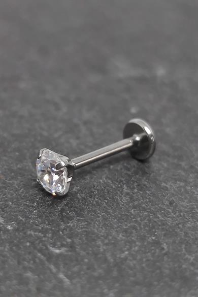 Gümüş Renk Taş Detaylı Çelik Tragus/Kıkırdak Küpe/Piercing (Tek)