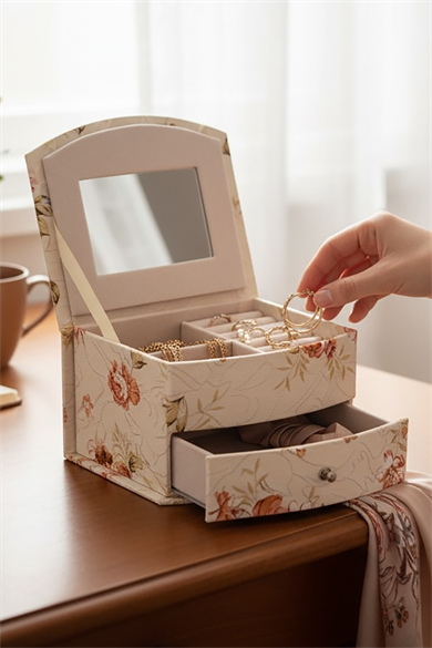 Karışık Renk Çiçek Figürlü Ayna Detaylı Çekmeceli Takı Organizeri