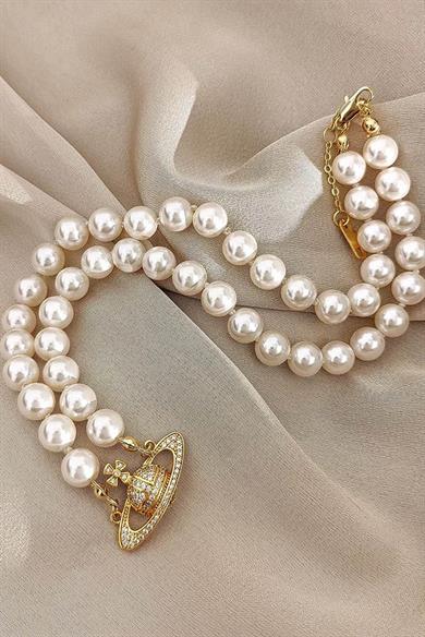 Altın Renk Gezegen Figürlü İnci Detaylı L Beden Kedi Köpek Tasma