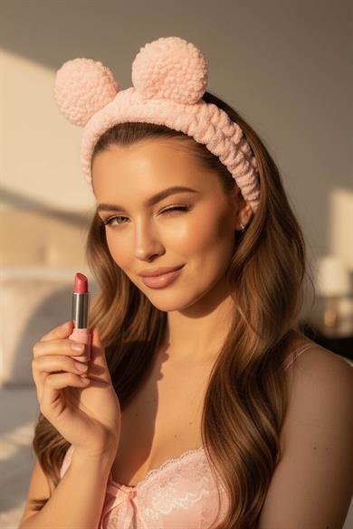 Pembe Renk Kulak Detaylı Peluş Saç Bandı