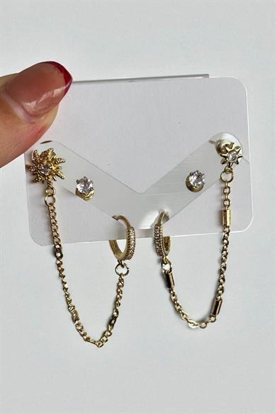 Altın Renk Taş Detaylı 6lı Küpe Set