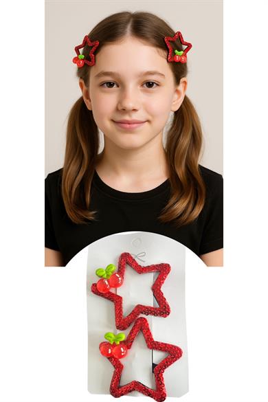 2li Kırmızı Renk Yıldız Figürlü Kiraz Detaylı Yan Toka Set