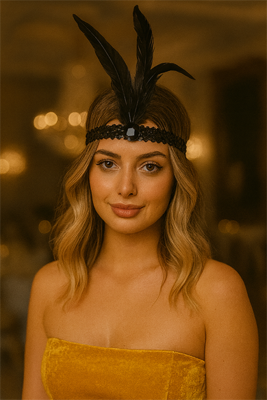 Siyah Renk Tüy Figürlü Charleston Saç Bandı