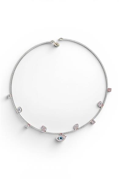Gümüş Renk Göz Figürlü Taş Detaylı Choker Kolye