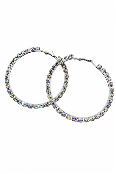 Gümüş Renk Taş Detaylı Halka Küpe 80Mm (Çift)