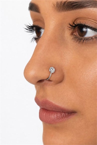 Gümüş Renk Taş Detaylı Cerrahi Çelik Deliksiz Kulak/Burun Piercing 