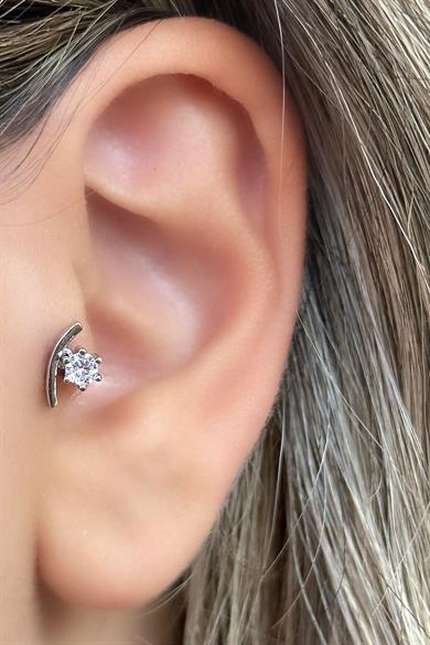 Gümüş Renk Taş Detaylı Çelik Tragus/Kıkırdak Küpe/Piercing (Tek)