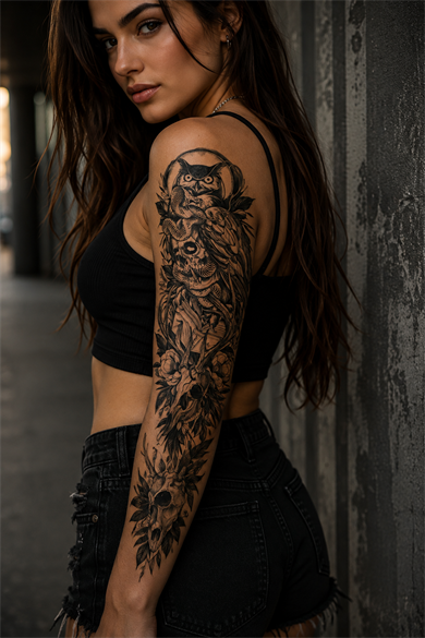 Baykuş Ve Kurukafa Geçici Dövme Tattoo