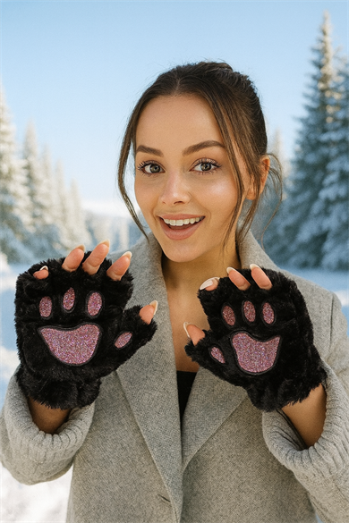 Siyah Renk Pati Figürlü Peluş Eldiven