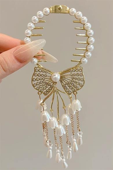 Altın Renk İnci Ve Taş Detaylı Sallantılı Topuz Tokası