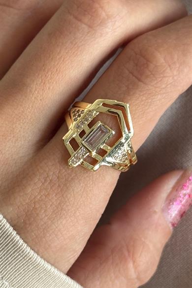 Altın Renk Taş Detaylı Ayarlanabilir Yüzük