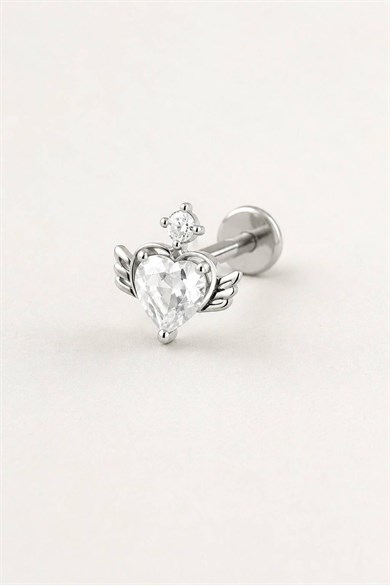 Gümüş Renk Kalp Figürlü   Taşlı Cerrahi Çelik Tragus/Kıkırdak Küpe/Piercing (Tek)