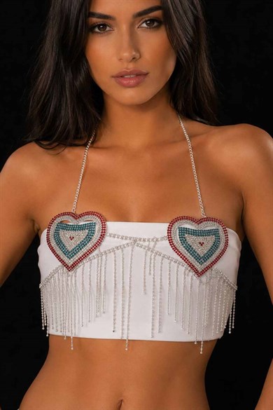 Gümüş Renk Kalp Figürlü Taş Detaylı Bikini Üstü /Bralet /Vücut Aksesuarı