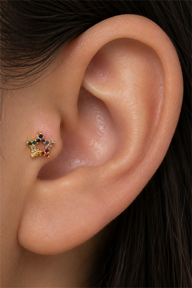 Altın  Renk Yıldız Figürlü   Taşlı Cerrahi Çelik Tragus/Kıkırdak Küpe/Piercing (Tek)