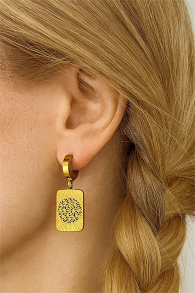 Altın Renk Yaşam Çiçeği Figürlü Çelik Küpe (Çift)