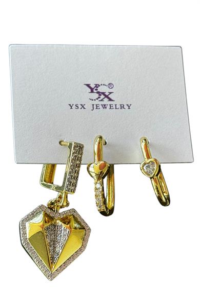 Altın Kalp Figürlü Renk Taş Detaylı VİP 3lü YSX Küpe Set 