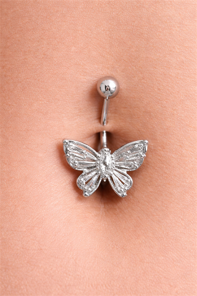 Gümüş Renk Kelebek Figürlü Cerrahi Çelik Göbek Piercing