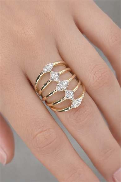 Altın Renk Taş Detaylı Ayarlanabilir Yüzük