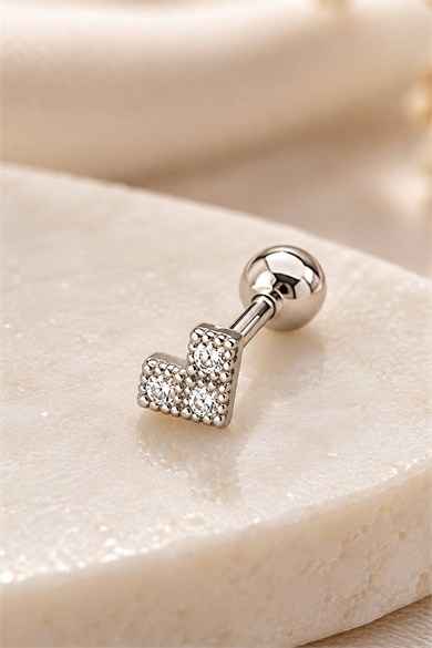 Gümüş Renk Taşlı Cerrahi Çelik Tragus/Kıkırdak Küpe/Piercing (Tek)
