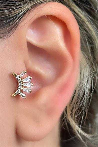 Altın Renk Taş Detaylı Çelik Tragus/Kıkırdak Küpe/Piercing (Tek)