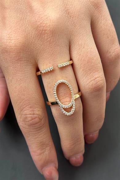 Altın Renk Taş Detaylı Ayarlanabilir Çelik Yüzük