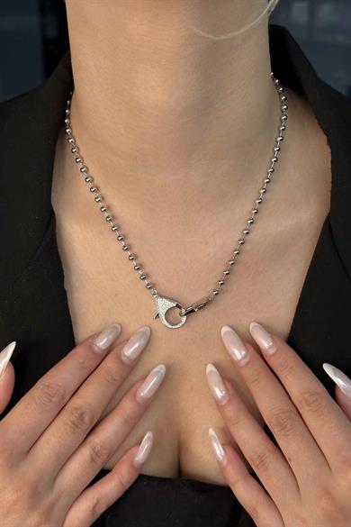 Gümüş Renk Zincir Detaylı 14K Altın Kaplama Kolye