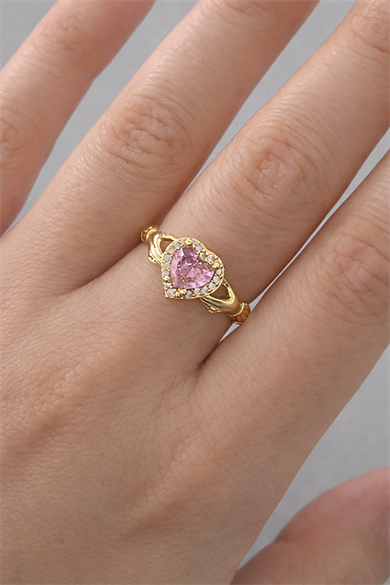 Altın Renk Kalp Figürlü Taş Detaylı Ayarlanabilir Yüzük 
