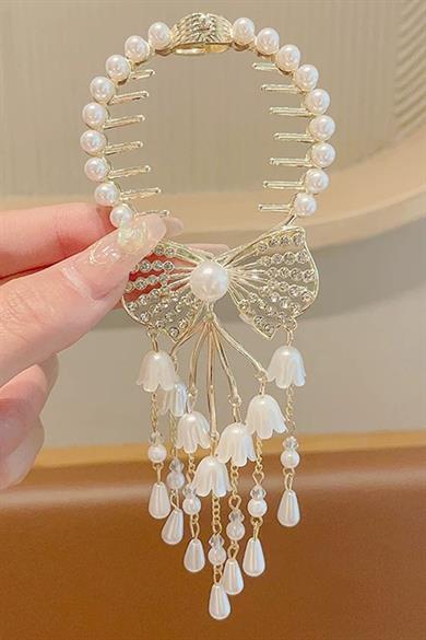 Altın Renk İnci Ve Taş Detaylı Sallantılı Topuz Tokası