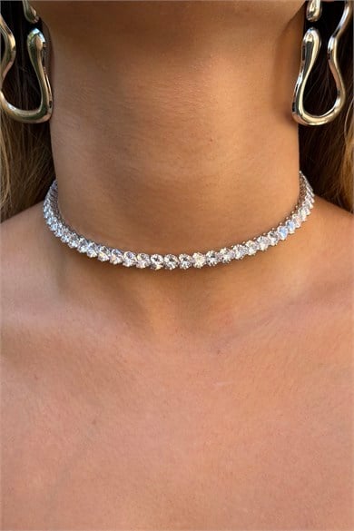 Gümüş Renk Kalp Figürlü Taşlı Choker Kolye