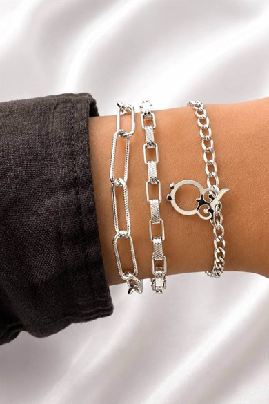 Gümüş   Renk  Zincir Detaylı 3lü Bileklik Set