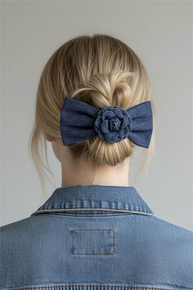 Lacivert Renk Kurdele Figürlü Çiçek Detaylı Otomat Toka