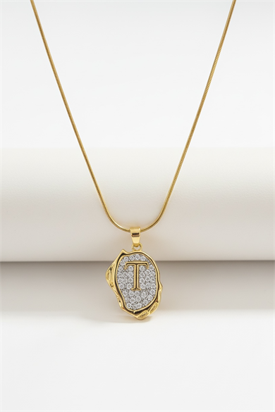 Altın Renk T Harf Taş Detaylı Çelik Kolye
