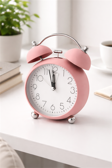 Pembe Renk Mini Dekoratif Işıklı Alarmlı Yuvarlak Masa Saati